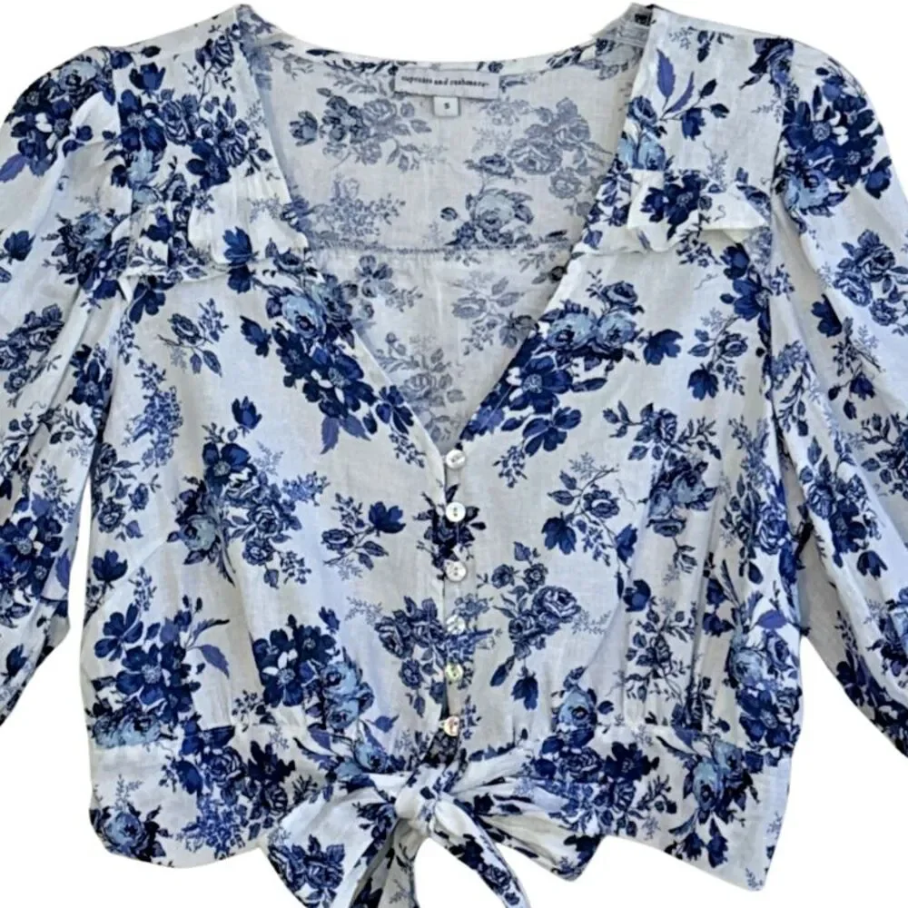 Cupcakes & Cashmere Jerome Cropped Linen Top Womens Sz S Blue Toile Puff Sleeve
